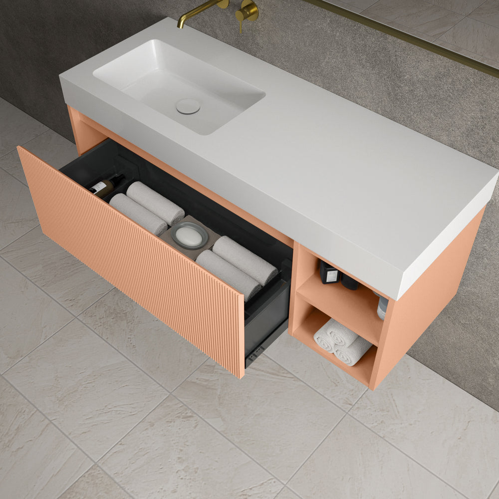 Scanalato Single Drawer Vanity Unit With Open Storage Space And Beyondstone BLOC Basin - Peach Fuzz 1200mm
