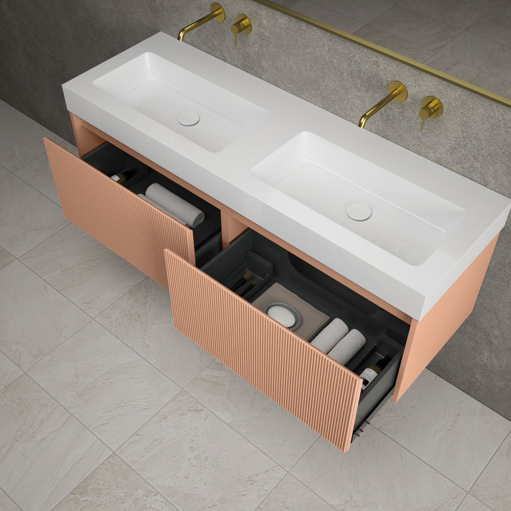Scanalato Double Drawer Vanity Unit With Beyondstone BLOC Double Basin - Peach Fuzz 1400mm