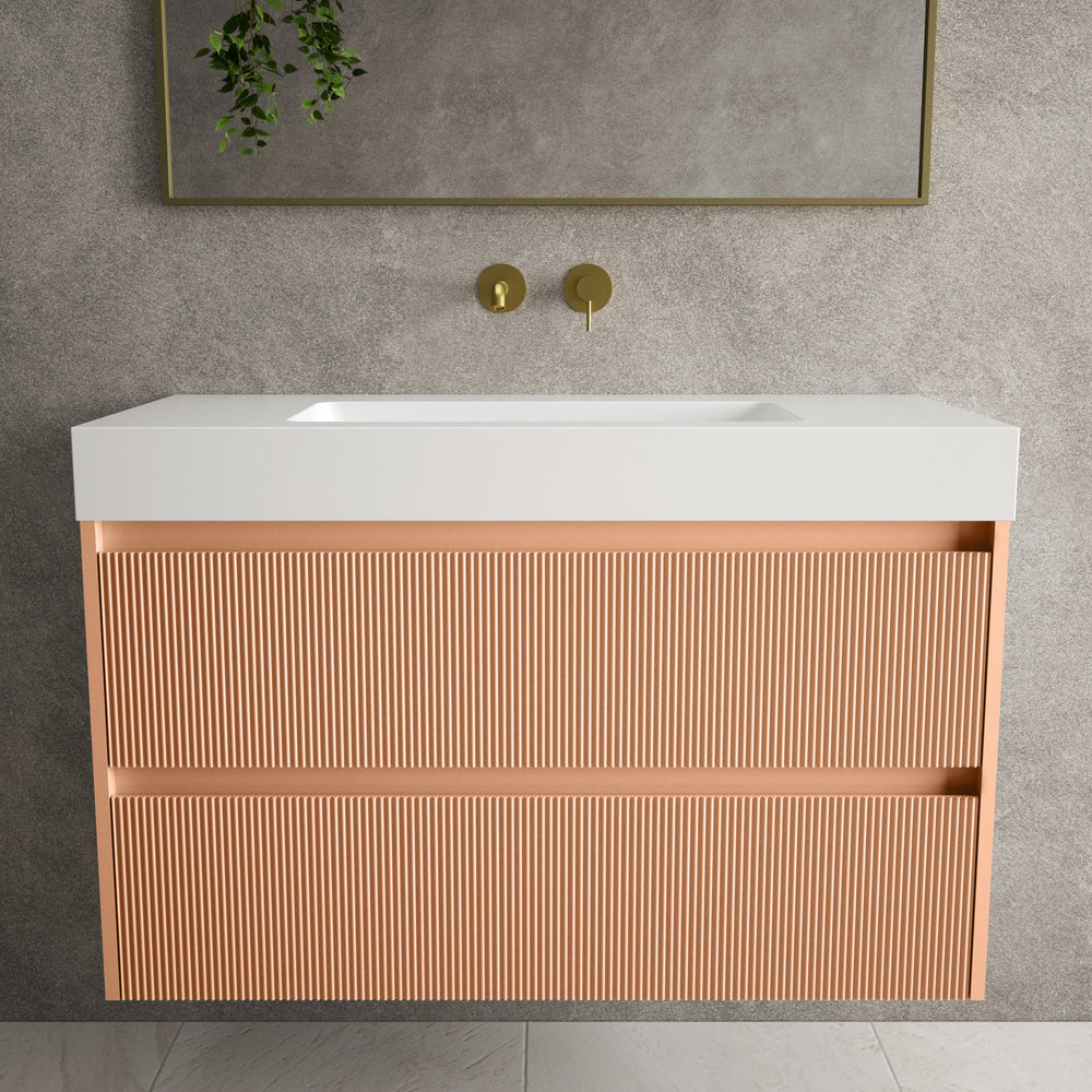 Scanalato Double Drawer Vanity Unit  With Beyondstone BLOC Basin - Peach Fuzz 1000mm