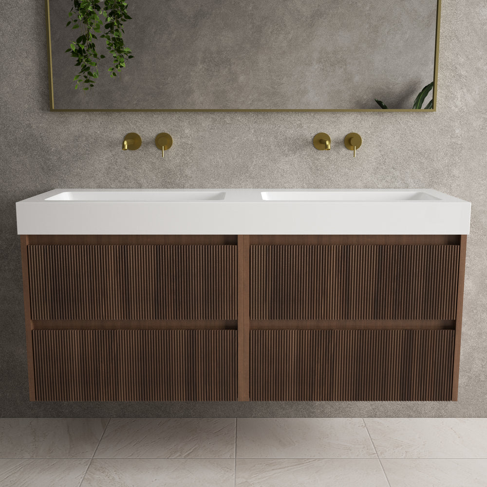 Scanalato Four Drawer Vanity Unit With Beyondstone BLOC Double Basin - Walnut 1400mm