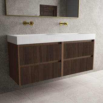 Scanalato Four Drawer Vanity Unit With Beyondstone BLOC Double Basin - Walnut 1400mm