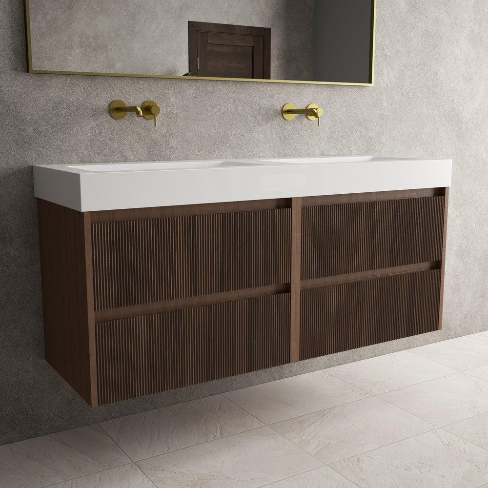 Scanalato Four Drawer Vanity Unit With Beyondstone BLOC Double Basin - Walnut 1400mm