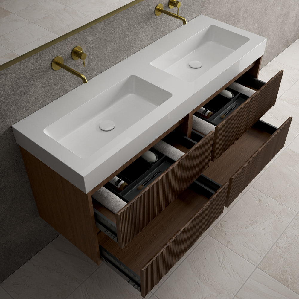 Scanalato Four Drawer Vanity Unit With Beyondstone BLOC Double Basin - Walnut 1400mm