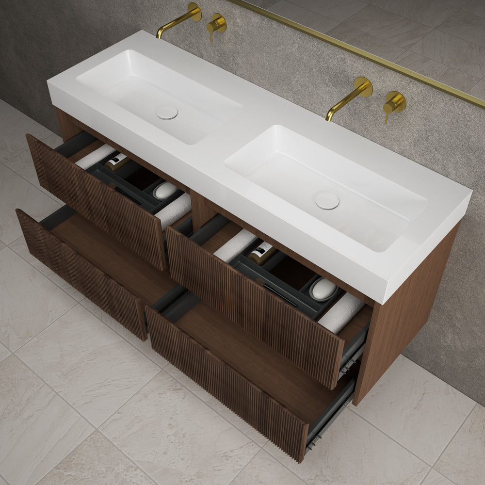 Scanalato Four Drawer Vanity Unit With Beyondstone BLOC Double Basin - Walnut 1400mm