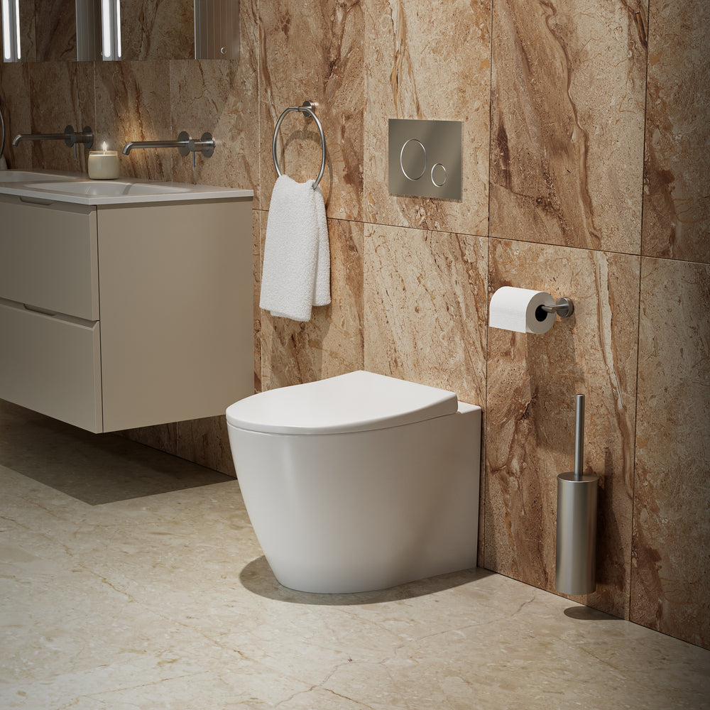 Primo Dolce Back To Wall Rimless Toilet With Concealed Cistern Frame & Brushed Steel Effect Flush Plate