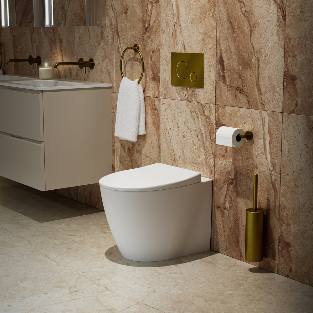 Primo Dolce Back To Wall Rimless Toilet With Concealed Cistern Frame & Brushed Brass Flush Plate