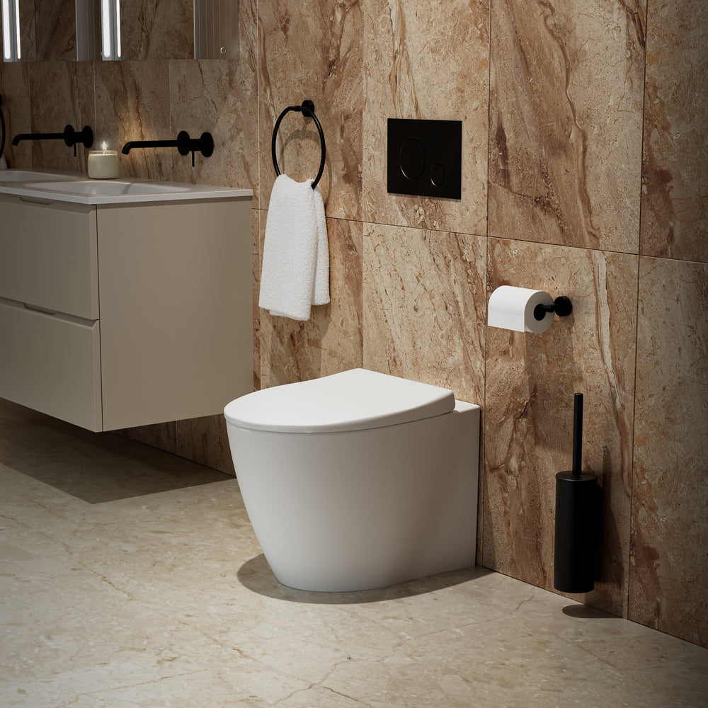 Primo Dolce Back To Wall Rimless Toilet With Concealed Cistern Frame & Matt Black Flush Plate