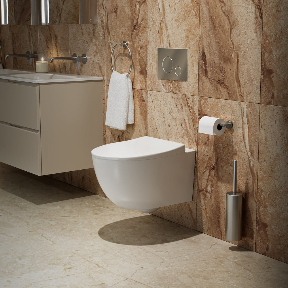 Primo Dolce Wall Hung Rimless Toilet, With Concealed Cistern Frame & Brushed Steel Effect Flush Plate