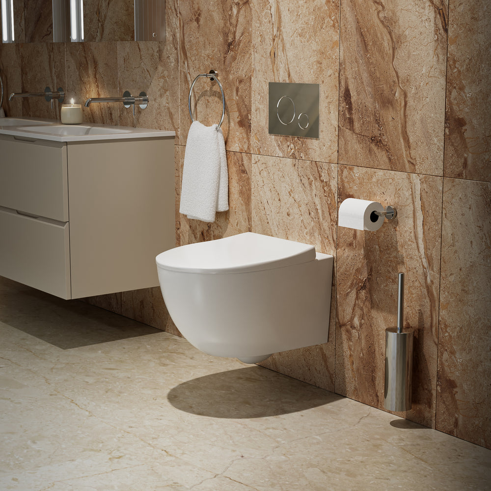 Primo Dolce Wall Hung Rimless Toilet, With Concealed Cistern Frame & Chrome Effect Flush Plate