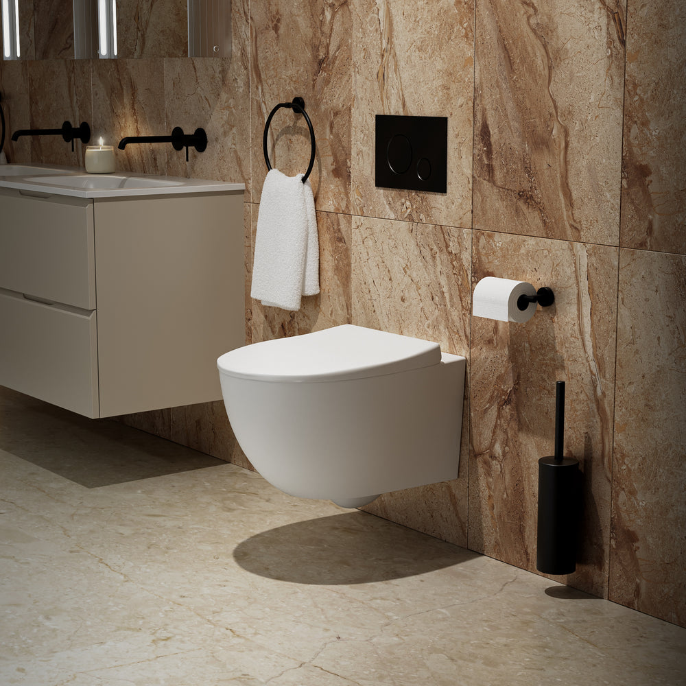 Primo Dolce Wall Hung Rimless Toilet, With Concealed Cistern Frame & Matt Black Flush Plate