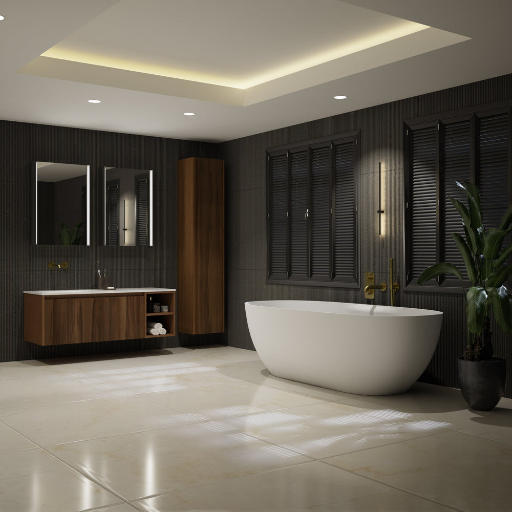 Scanalato Single Drawer Vanity Unit With Open Storage Space And Left hand Beyondstone Basin - Walnut 1200mm
