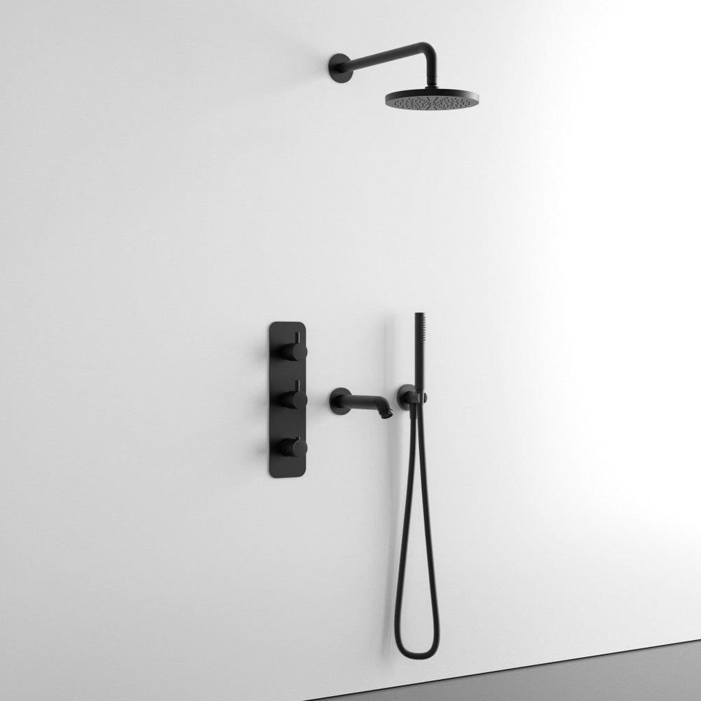 Three Way Thermostatic Shower Set With Handheld Shower, Bath Spout And Wall Mounted Shower Head - Matt Black