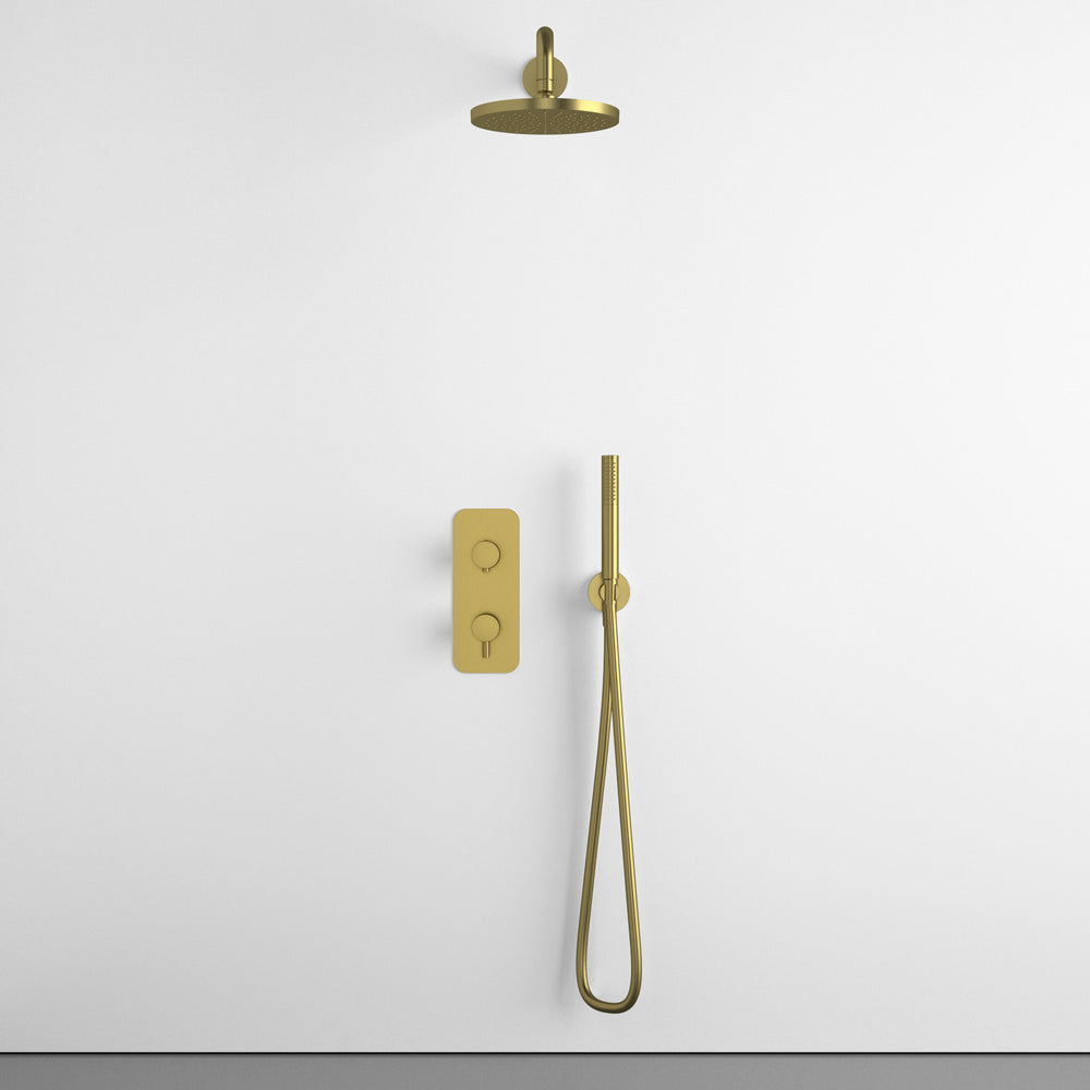 Two Way Thermostatic Shower Set With Handheld Shower And Wall Mounted Shower Head - Brushed Brass
