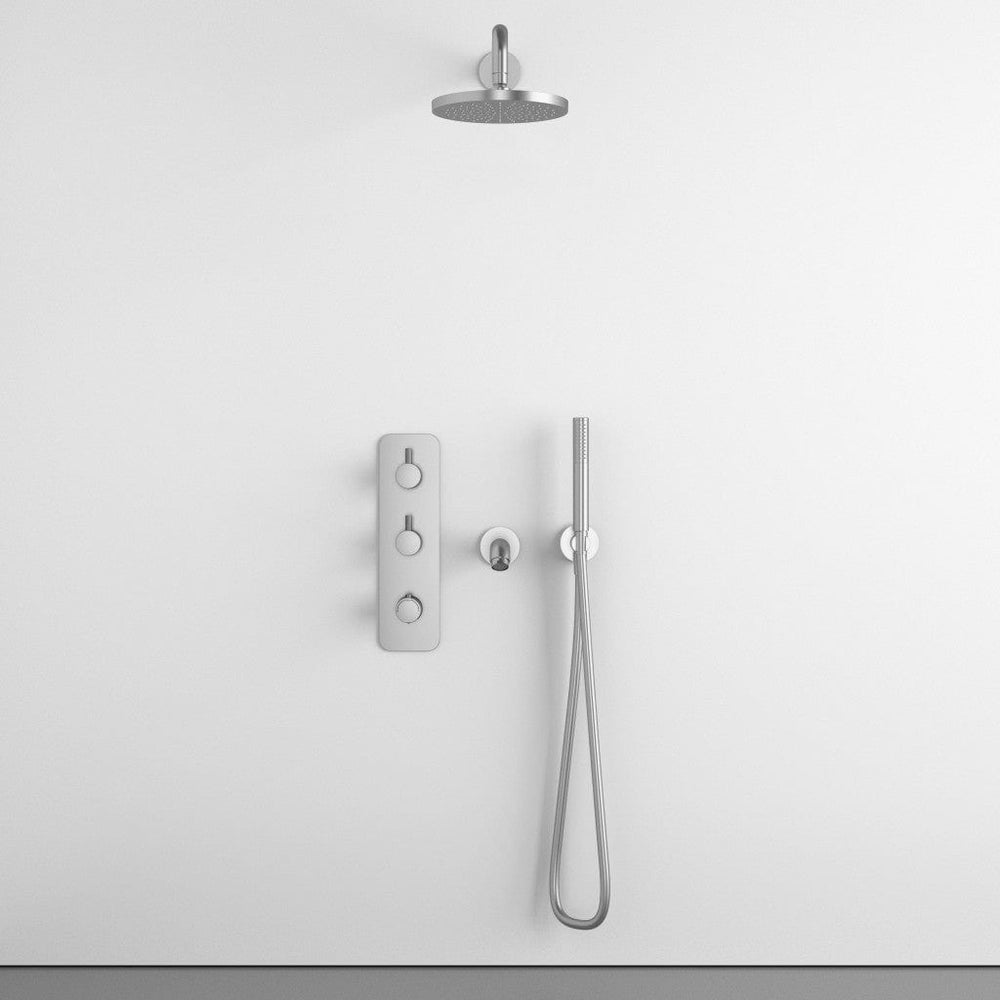 Three Way Thermostatic Shower Set With Handheld Shower, Bath Spout And Wall Mounted Shower Head - Brushed Steel