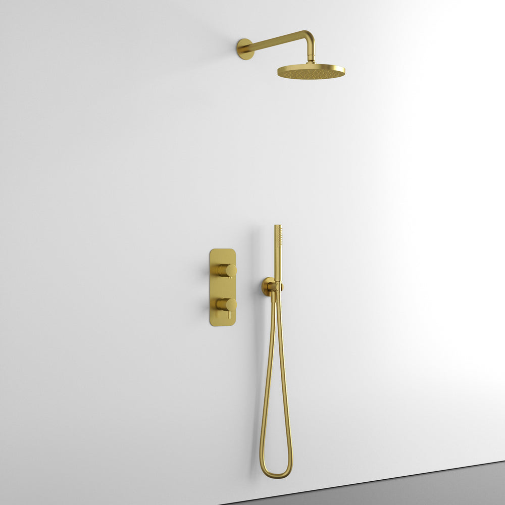 Two Way Thermostatic Shower Set With Handheld Shower And Wall Mounted Shower Head - Brushed Brass