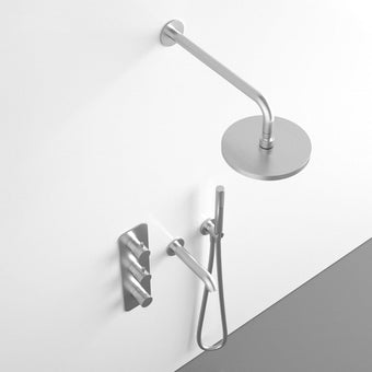 Three Way Thermostatic Shower Set With Handheld Shower, Bath Spout And Wall Mounted Shower Head - Brushed Steel