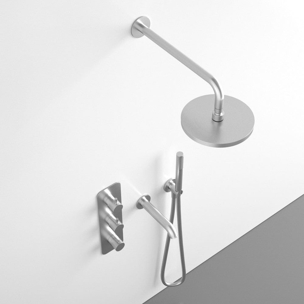 Three Way Thermostatic Shower Set With Handheld Shower, Bath Spout And Wall Mounted Shower Head - Brushed Steel