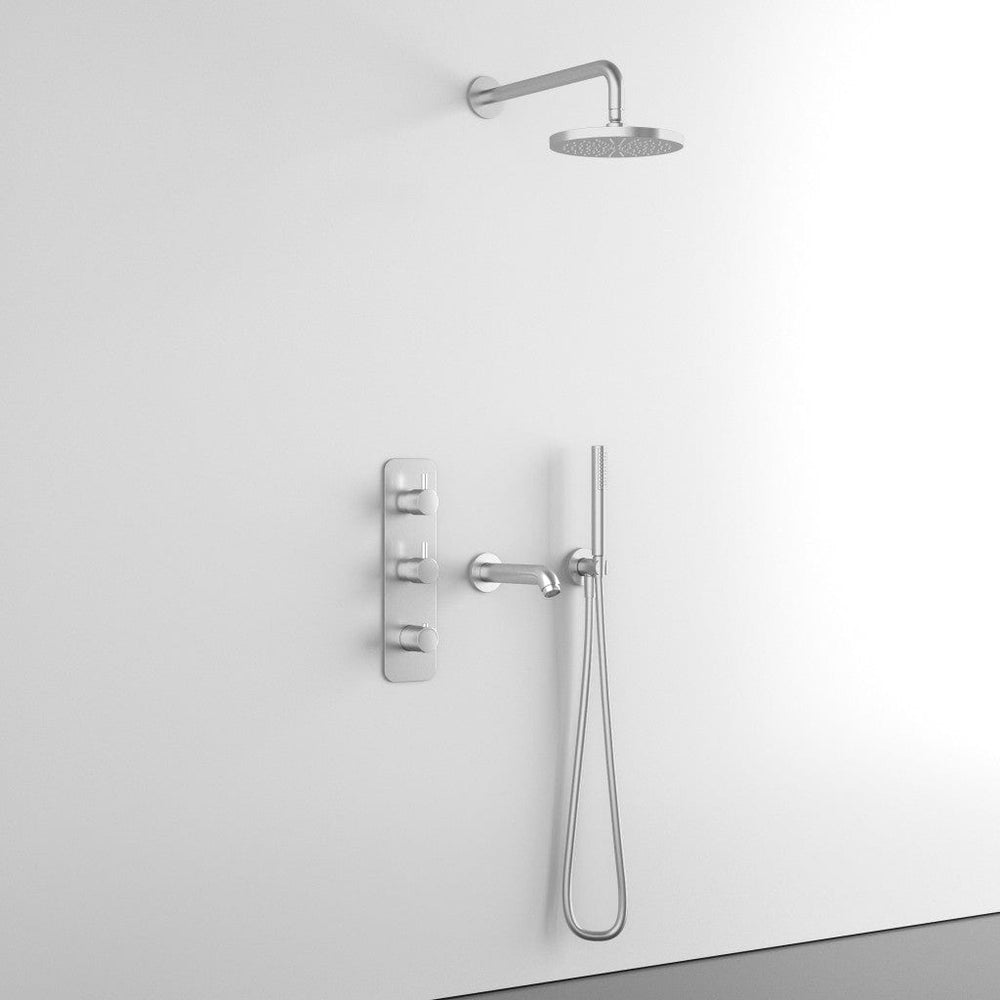 Three Way Thermostatic Shower Set With Handheld Shower, Bath Spout And Wall Mounted Shower Head - Brushed Steel