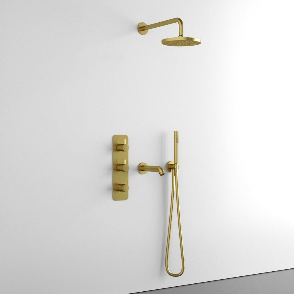 Three Way Thermostatic Shower Set With Handheld Shower, Bath Spout And Wall Mounted Shower Head - Brushed Brass