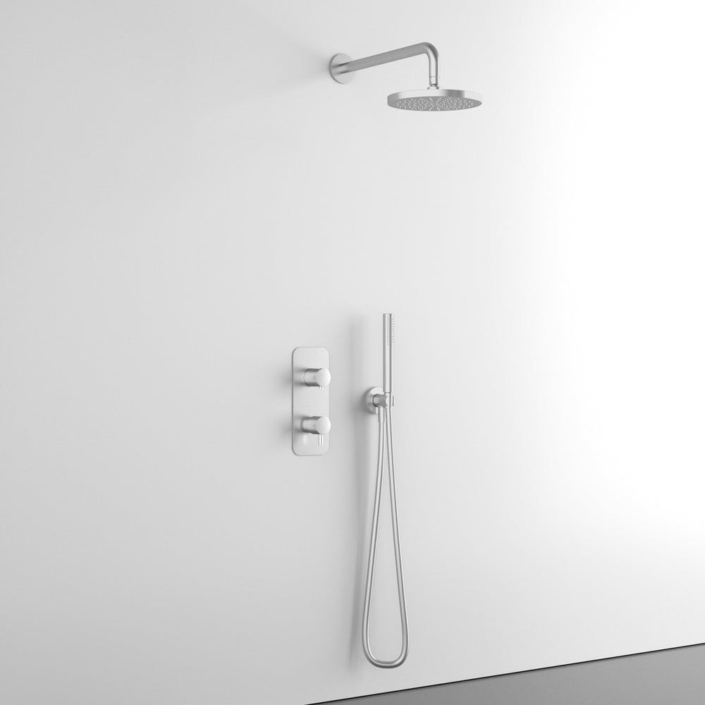 Two Way Thermostatic Shower Set With Handheld Shower And Wall Mounted Shower Head - Brushed Steel