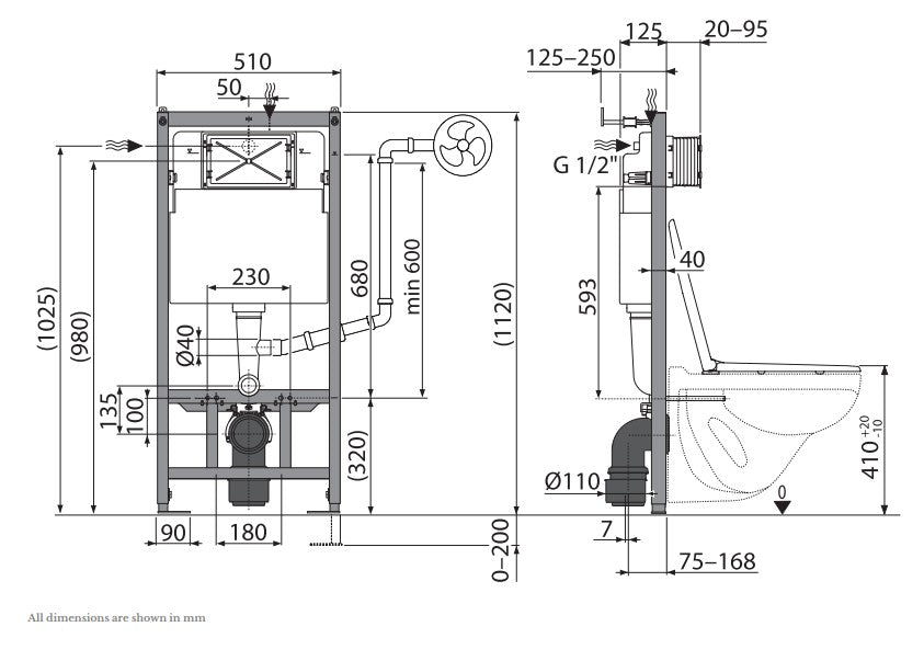 Primo Dolce Back To Wall Rimless Toilet With Concealed Cistern Frame & Brushed Steel Effect Flush Plate