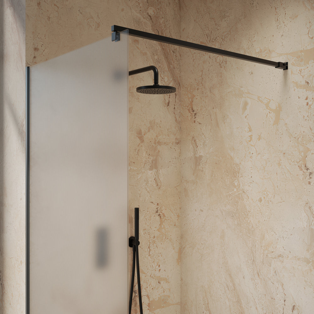 Roman Haven Select Fluted Wet Room Panel With Stabilising Bar - Matt Black - 900mm