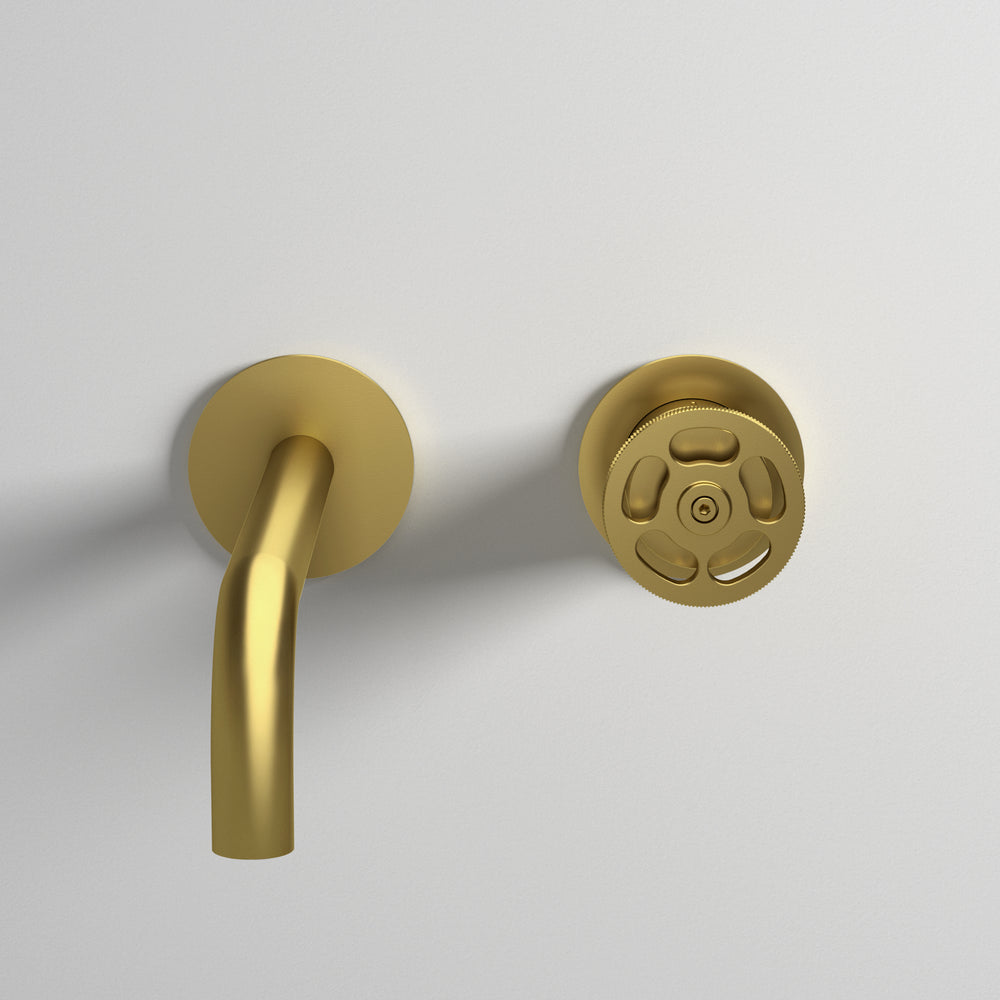 Industrial Progressive 2-Hole Wall Mounted Basin Mixer - Brushed Brass