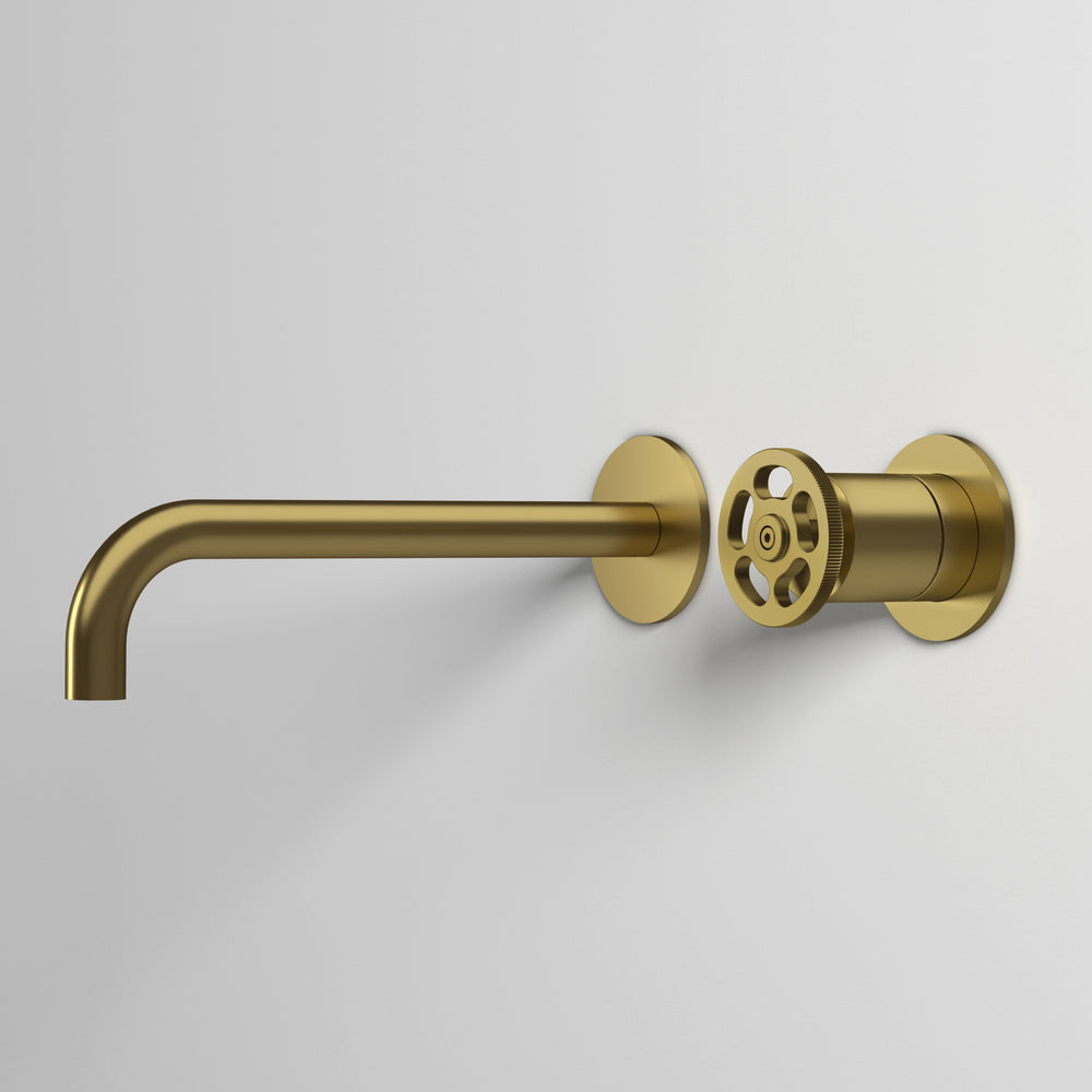 Industrial Progressive 2-Hole Wall Mounted Basin Mixer - Brushed Brass