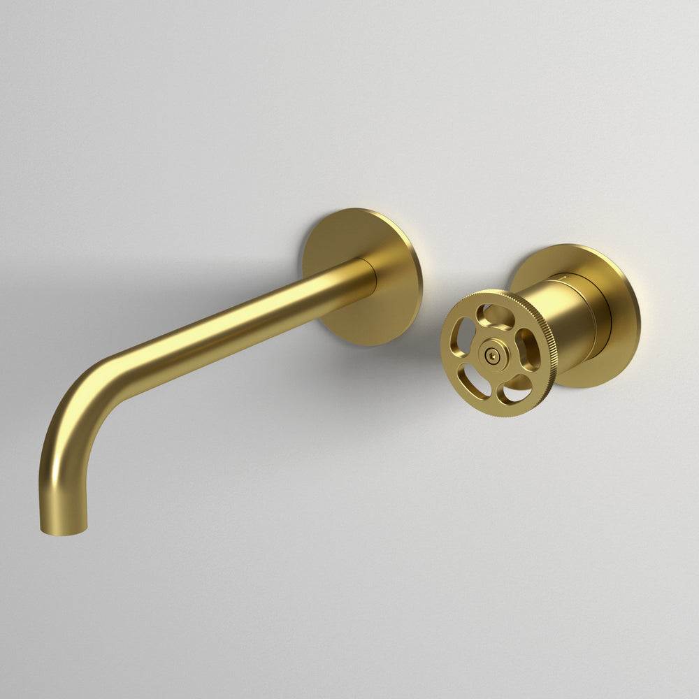 Industrial Progressive 2-Hole Wall Mounted Basin Mixer - Brushed Brass