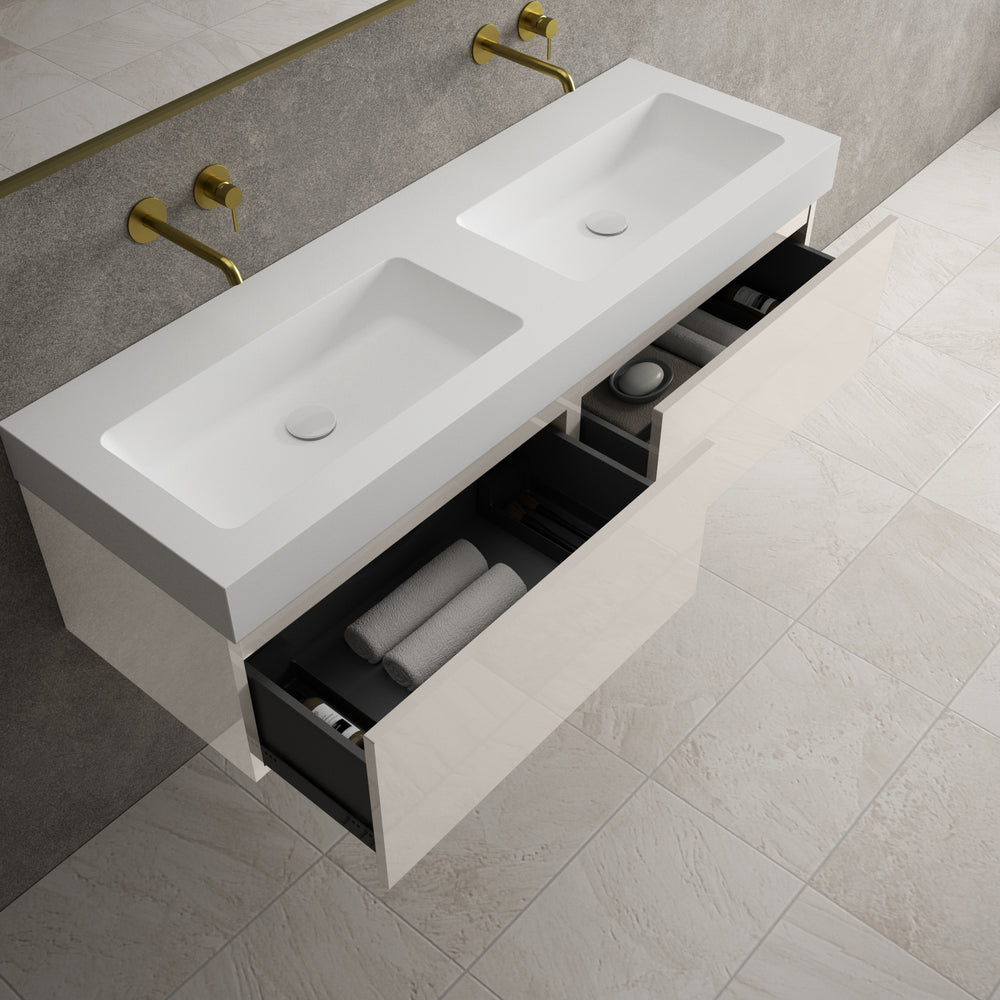 Raffinata Two Drawer Vanity Unit With Beyondstone BLOC Double Basin - Gloss Cashmere 1400mm