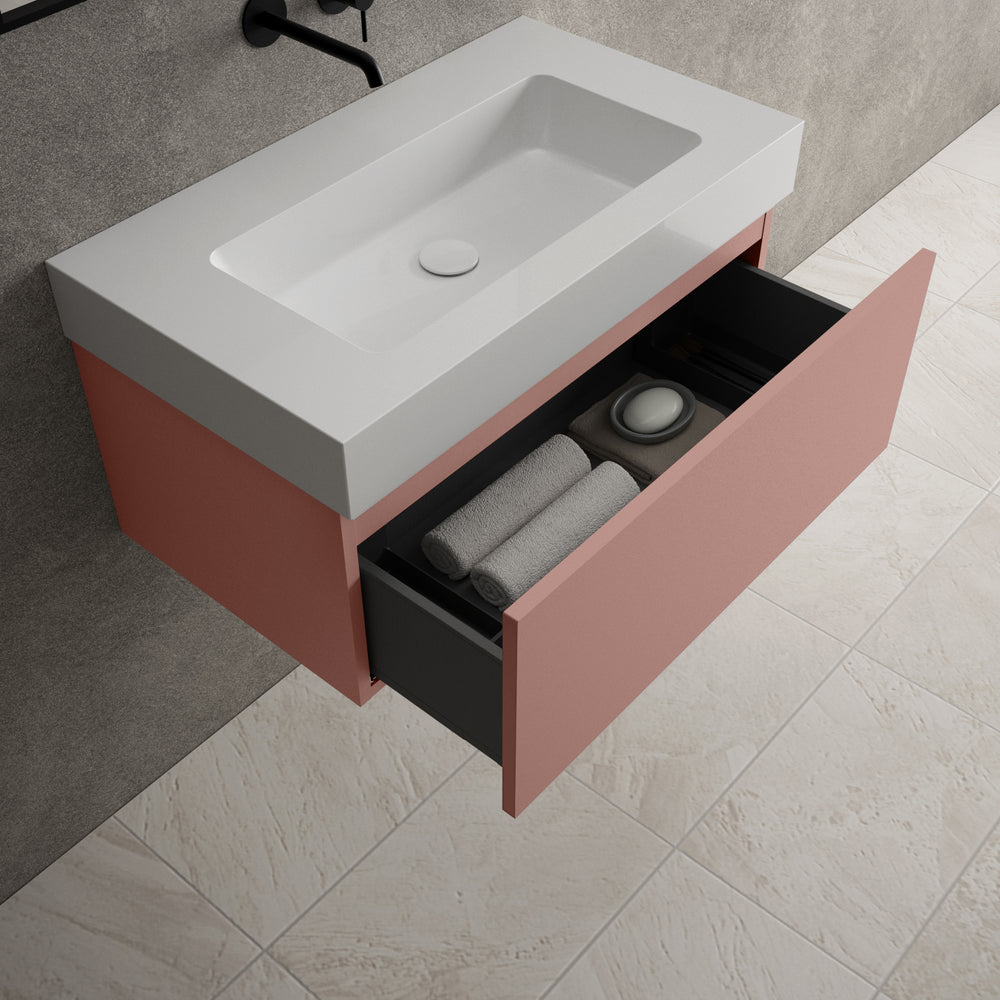 Raffinata One Drawer Vanity Unit With Beyondstone BLOC Basin - Matt Pink 800mm