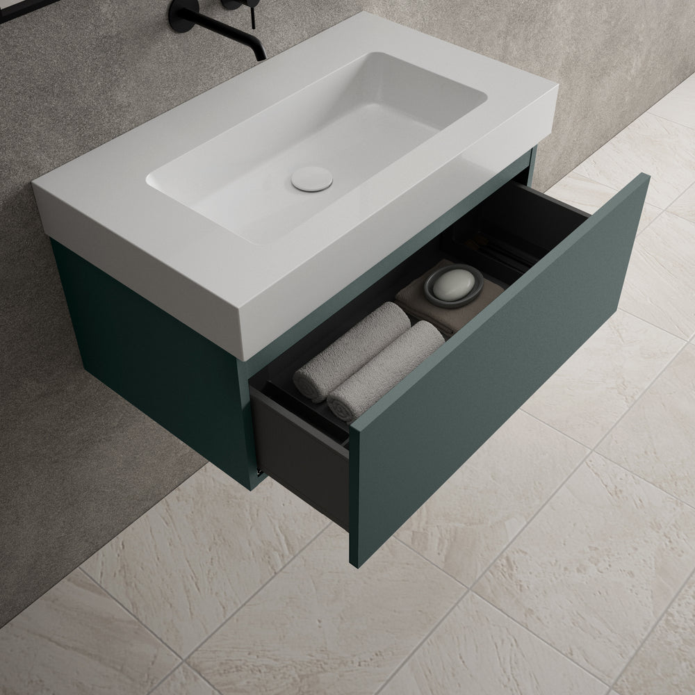 Raffinata One Drawer Vanity Unit With Beyondstone BLOC Basin - Matt Dark Green 800mm