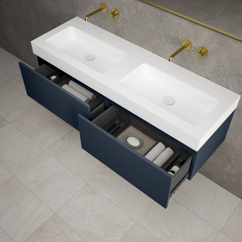 Raffinata Two Drawer Vanity Unit With Beyondstone BLOC Double Basin - Matt Indigo 1400mm
