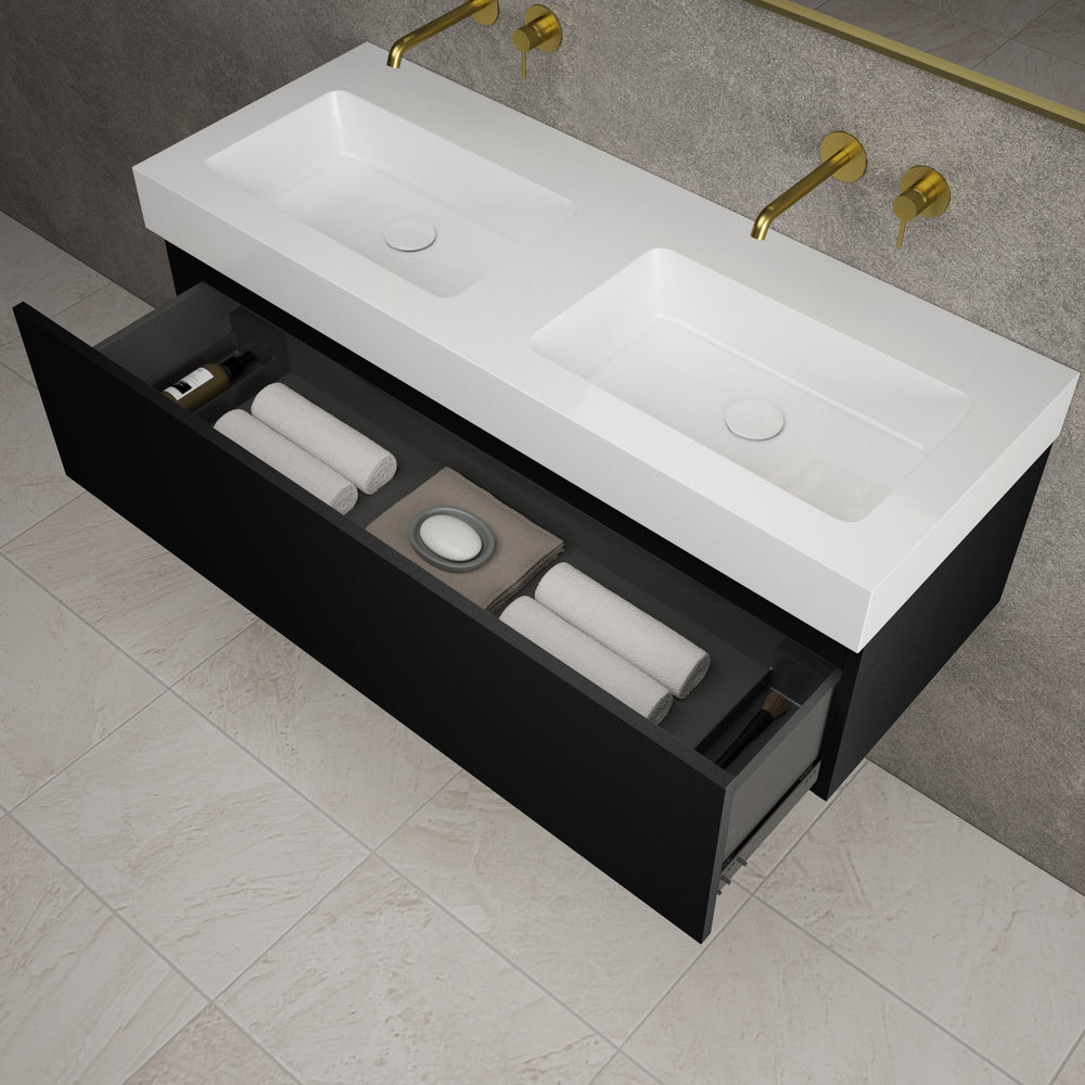 Raffinata One Drawer Vanity Unit With Beyondstone Double BLOC Basin - Matt Black 1200mm