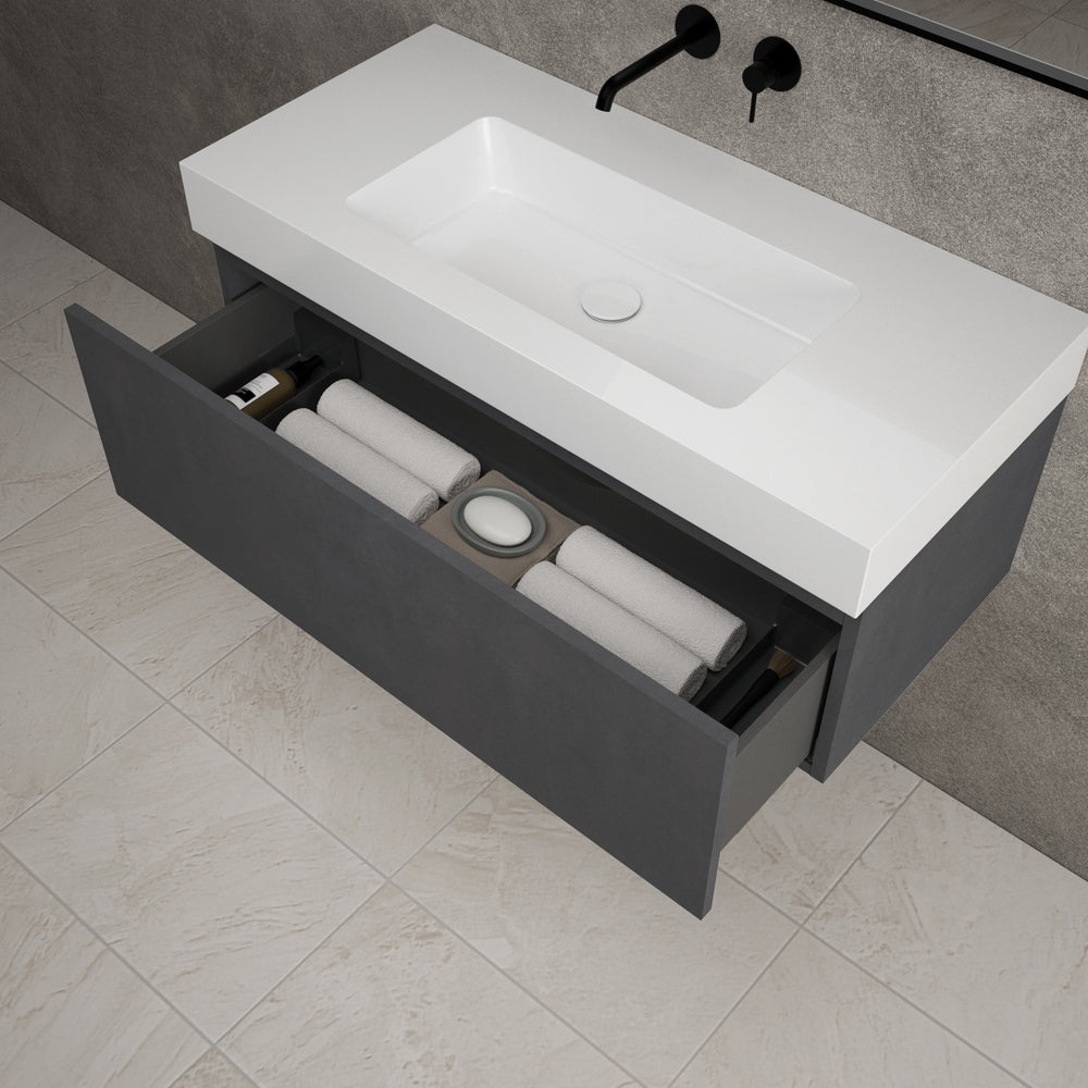 Raffinata One Drawer Vanity Unit With Beyondstone BLOC Basin - Dark Concrete 1000mm