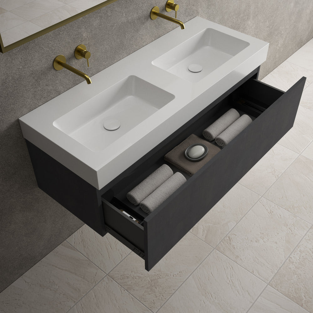 Raffinata One Drawer Vanity Unit With Beyondstone Double BLOC Basin - Dark Concrete 1200mm