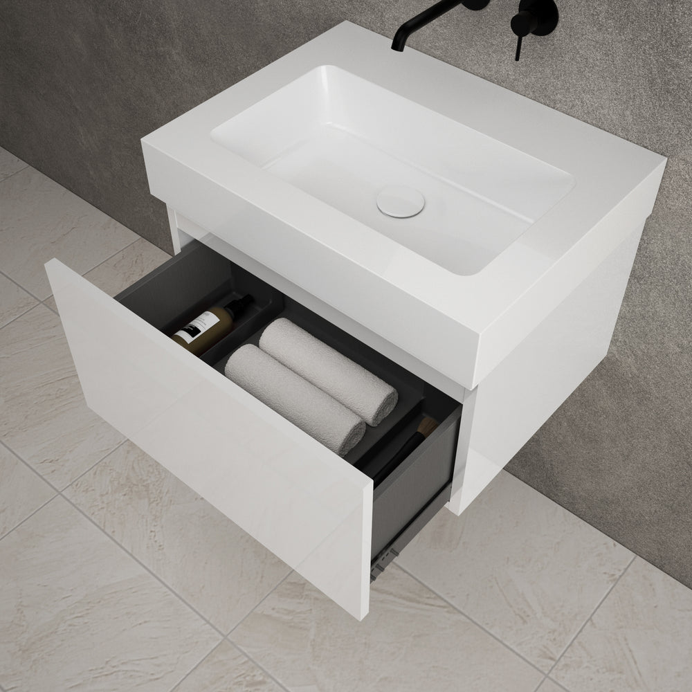Raffinata One Drawer Vanity Unit  With Beyondstone BLOC Basin - Gloss White 600mm