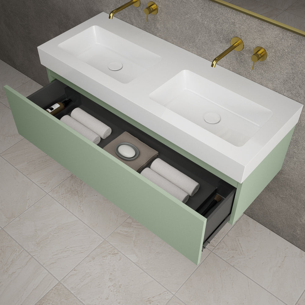 Raffinata One Drawer Vanity Unit With Beyondstone Double BLOC Basin - Matt Light Green 1200mm