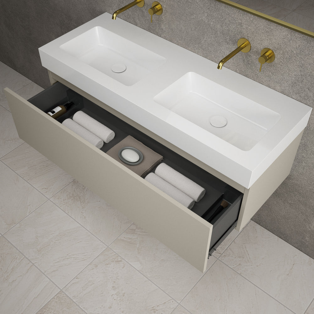 Raffinata One Drawer Vanity Unit With Beyondstone Double BLOC Basin - Matt Stone 1200mm