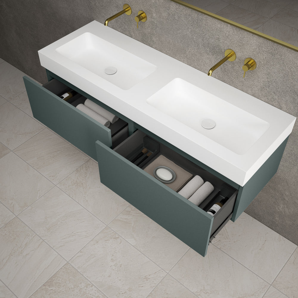 Raffinata Two Drawer Vanity Unit With Beyondstone BLOC Double Basin - Matt Dark Green 1400mm