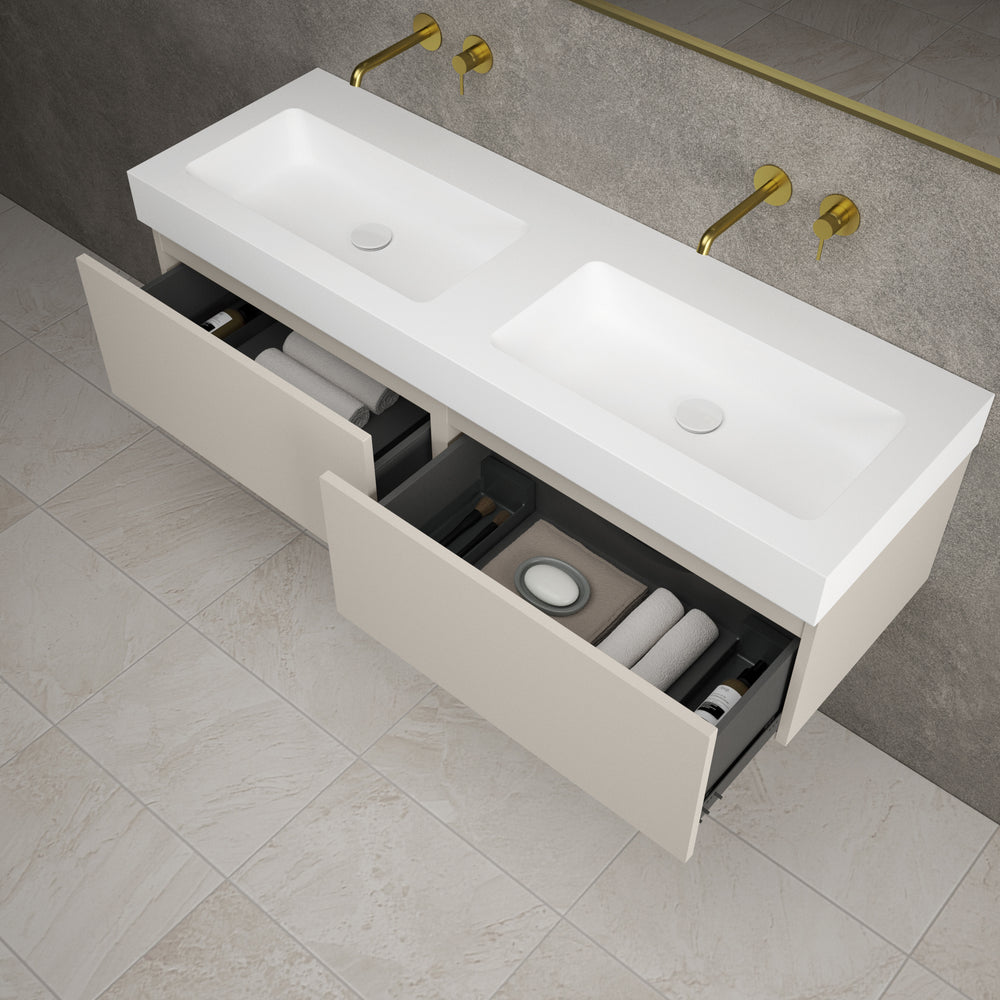 Raffinata Two Drawer Vanity Unit With Beyondstone BLOC Double Basin - Matt Cashmere 1400mm
