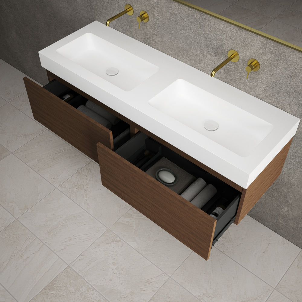 Raffinata Two Drawer Vanity Unit With Beyondstone BLOC Double Basin - Walnut 1400mm