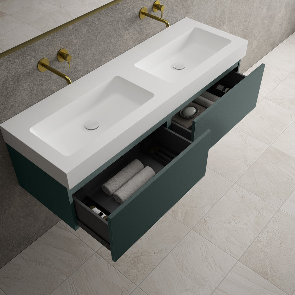 Raffinata Two Drawer Vanity Unit With Beyondstone BLOC Double Basin - Matt Dark Green 1400mm
