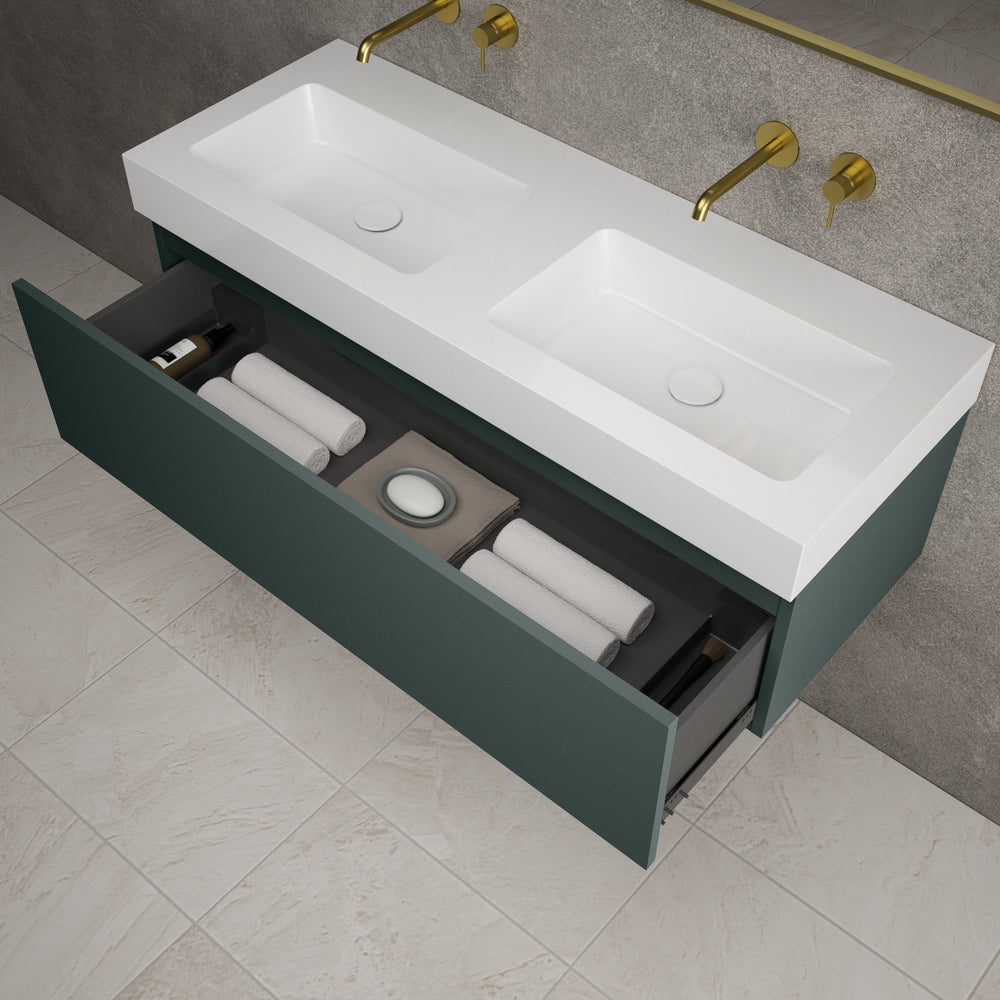 Raffinata One Drawer Vanity Unit With Beyondstone Double BLOC Basin - Matt Dark Green 1200mm