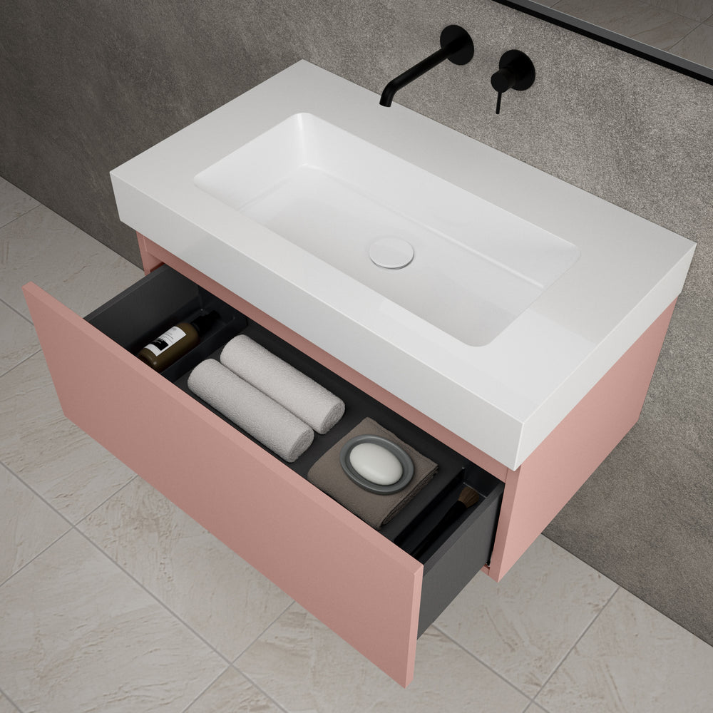 Raffinata One Drawer Vanity Unit With Beyondstone BLOC Basin - Matt Pink 800mm