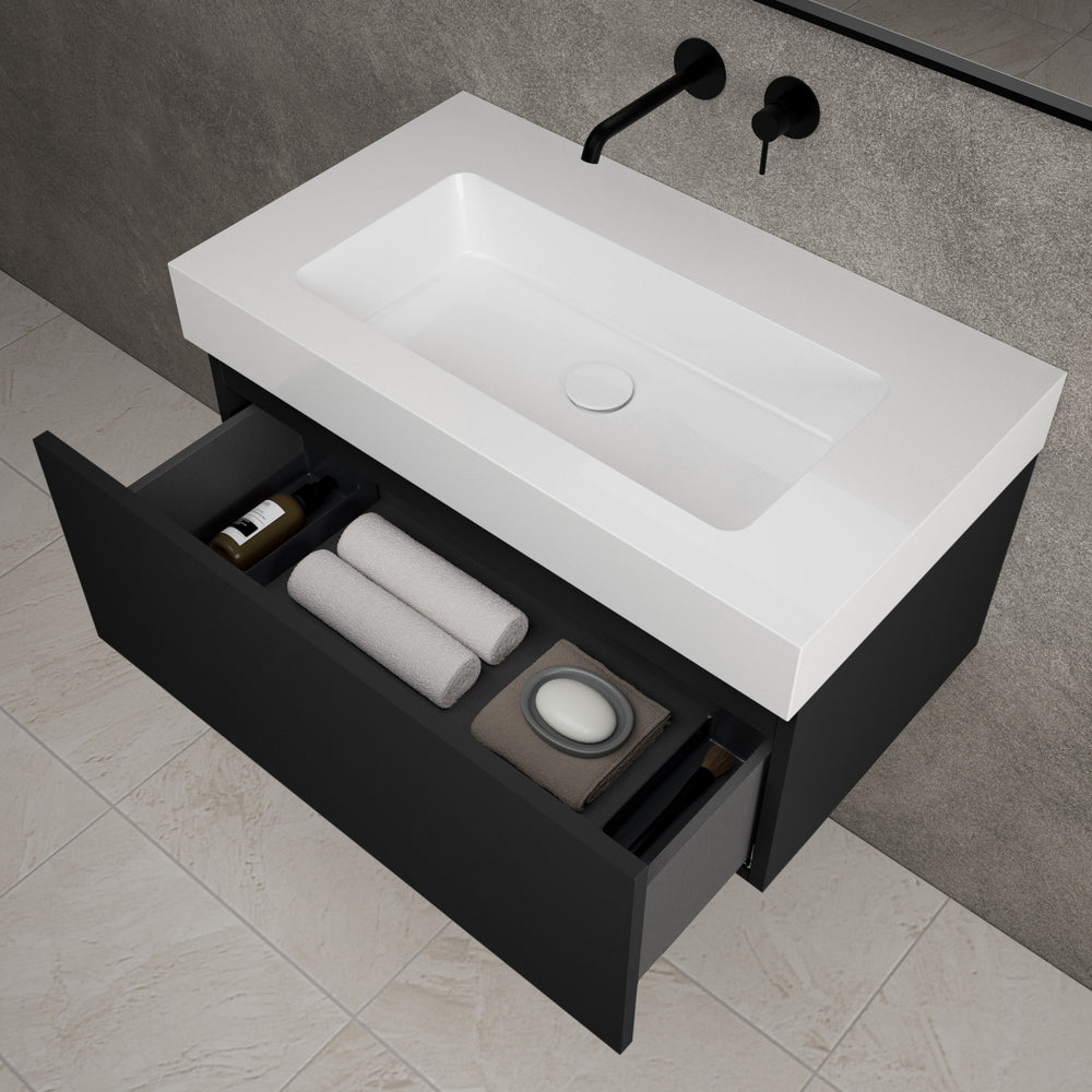 Raffinata One Drawer Vanity Unit With Beyondstone BLOC Basin - Matt Black 800mm