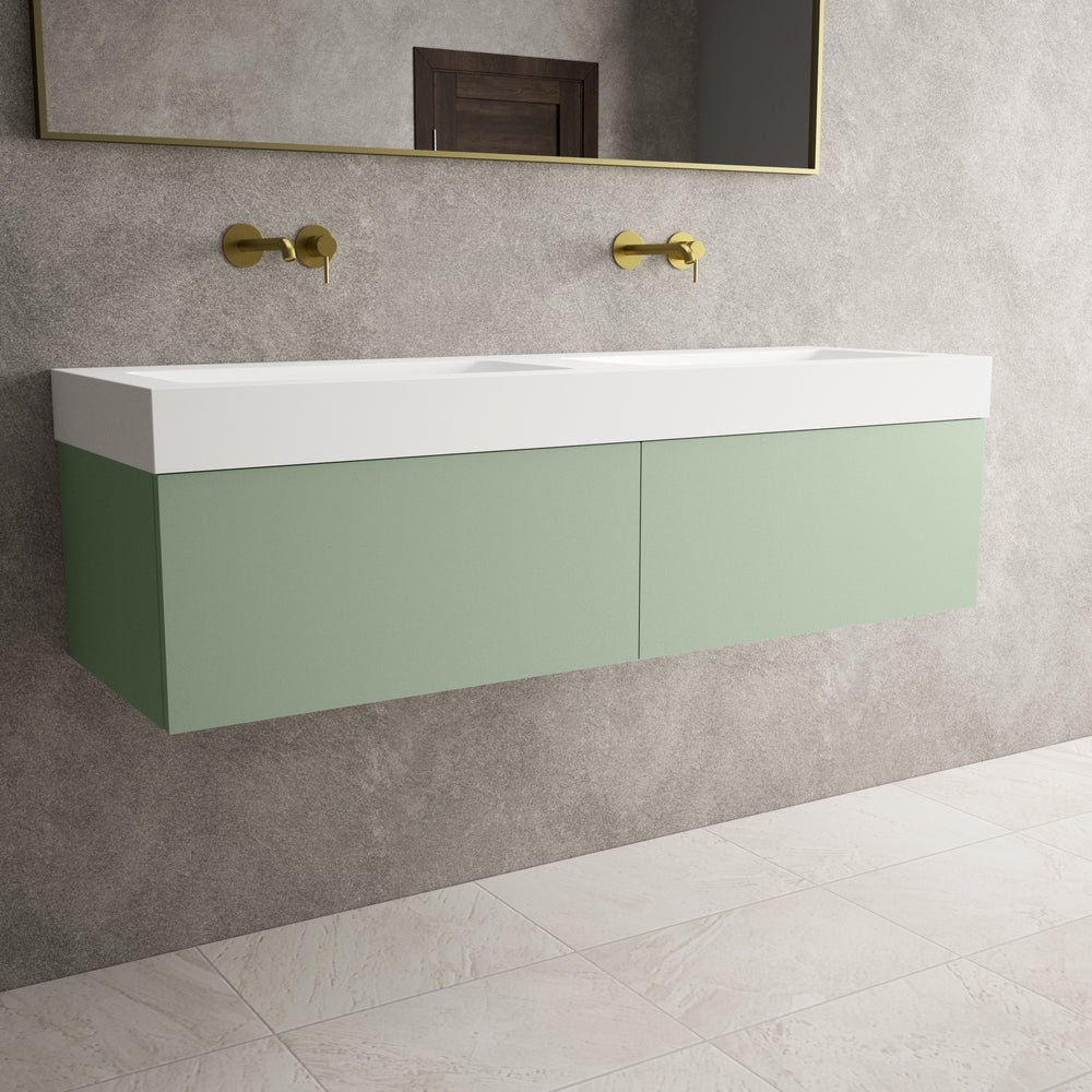 Raffinata Two Drawer Vanity Unit With Beyondstone BLOC Double Basin - Matt Light Green 1400mm