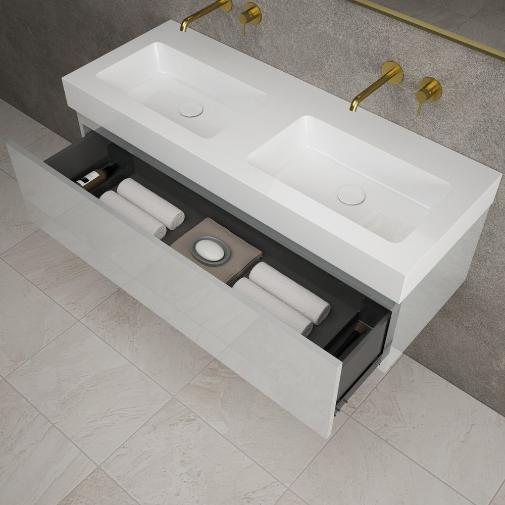 Raffinata One Drawer Vanity Unit With Beyondstone Double BLOC Basin - Gloss Dove 1200mm