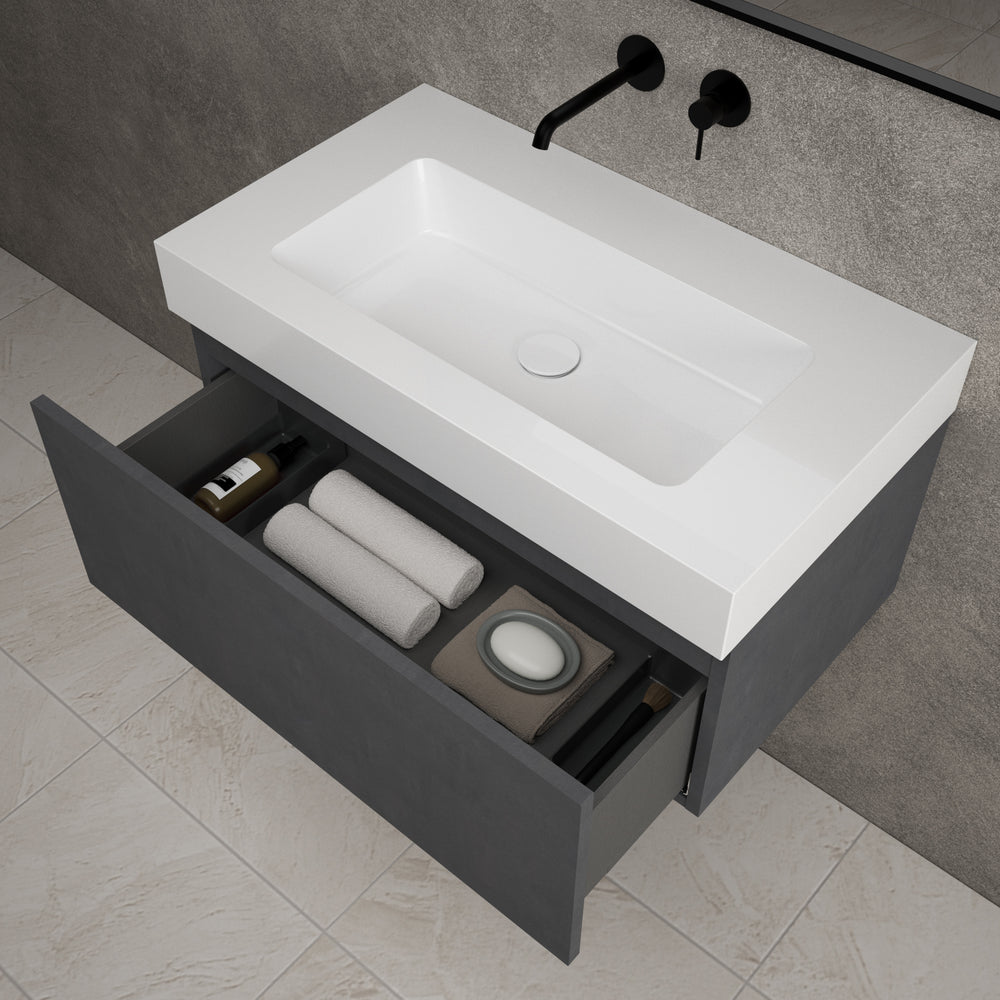 Raffinata One Drawer Vanity Unit With Beyondstone BLOC Basin - Dark Concrete 800mm