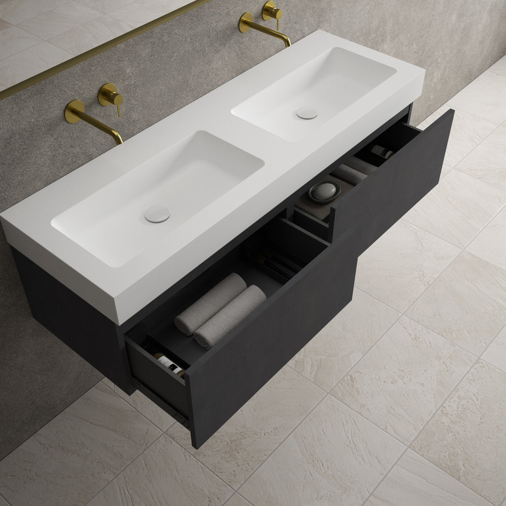 Raffinata Two Drawer Vanity Unit With Beyondstone BLOC Double Basin - Dark Concrete 1400mm